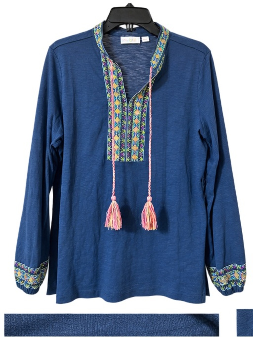 Belle by Kim Gravel Navy Long-Sleeve Top with Multicolor Embroidery